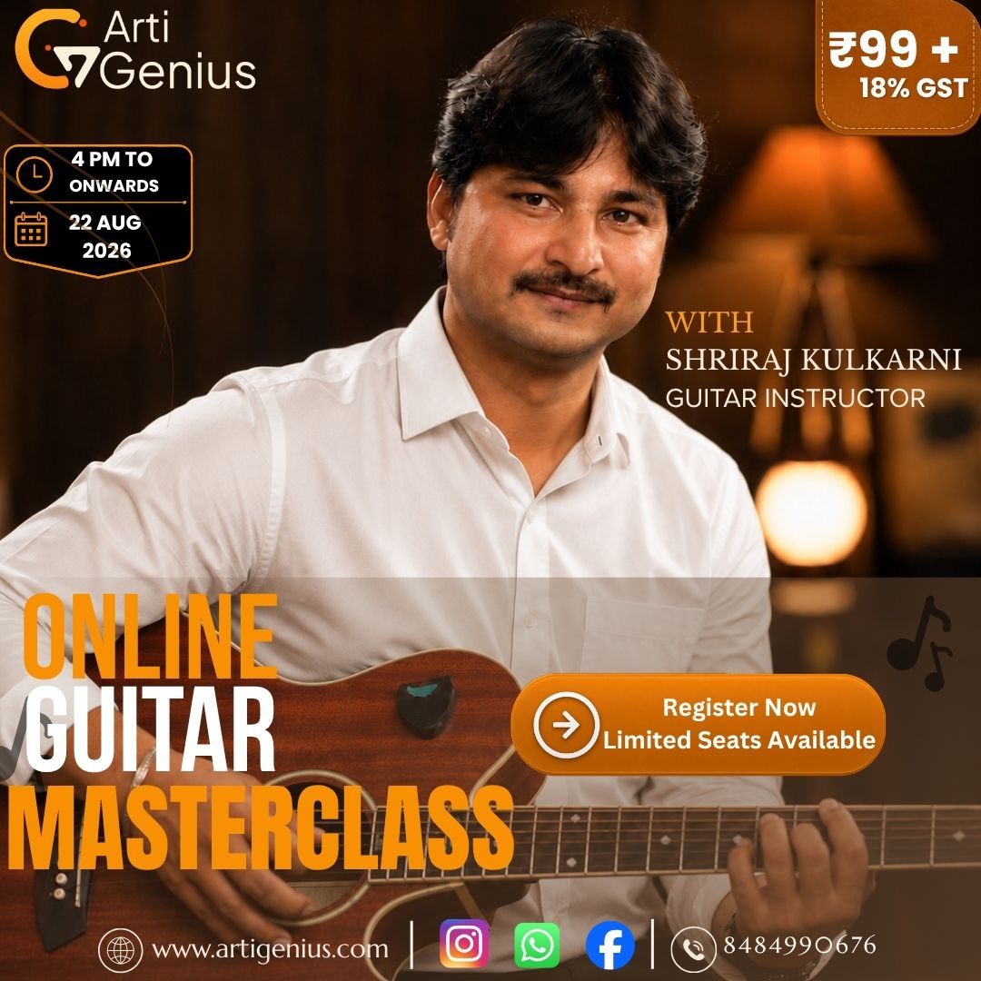 Online Guitar Masterclass with Shri Shriraj Kulkarni Learn Guitar Basics Essential Chords Strumming Techniques Rhythm Practice Play Your First Song Live Online Masterclass by ArtiGenius