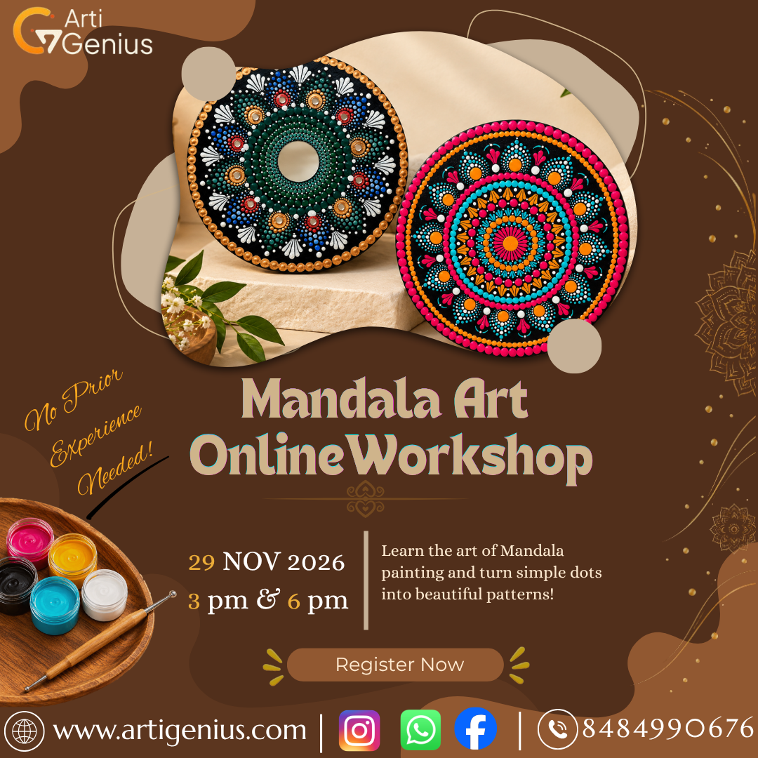 Artigenius Mandala Art Online Workshop poster featuring colorful dot-painted Mandala designs, paints, and dotting tools. The workshop is scheduled for 29 November 2026, from 3 PM to 6 PM, and welcomes beginners with no prior experience.