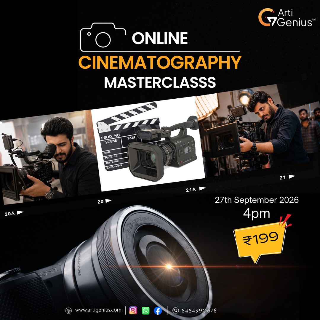 ArtiGenius online cinematography masterclass featuring professional cinema cameras, a cinematographer at work and a cinematic camera lens, taking place on 27 September 2026 at 4 PM.