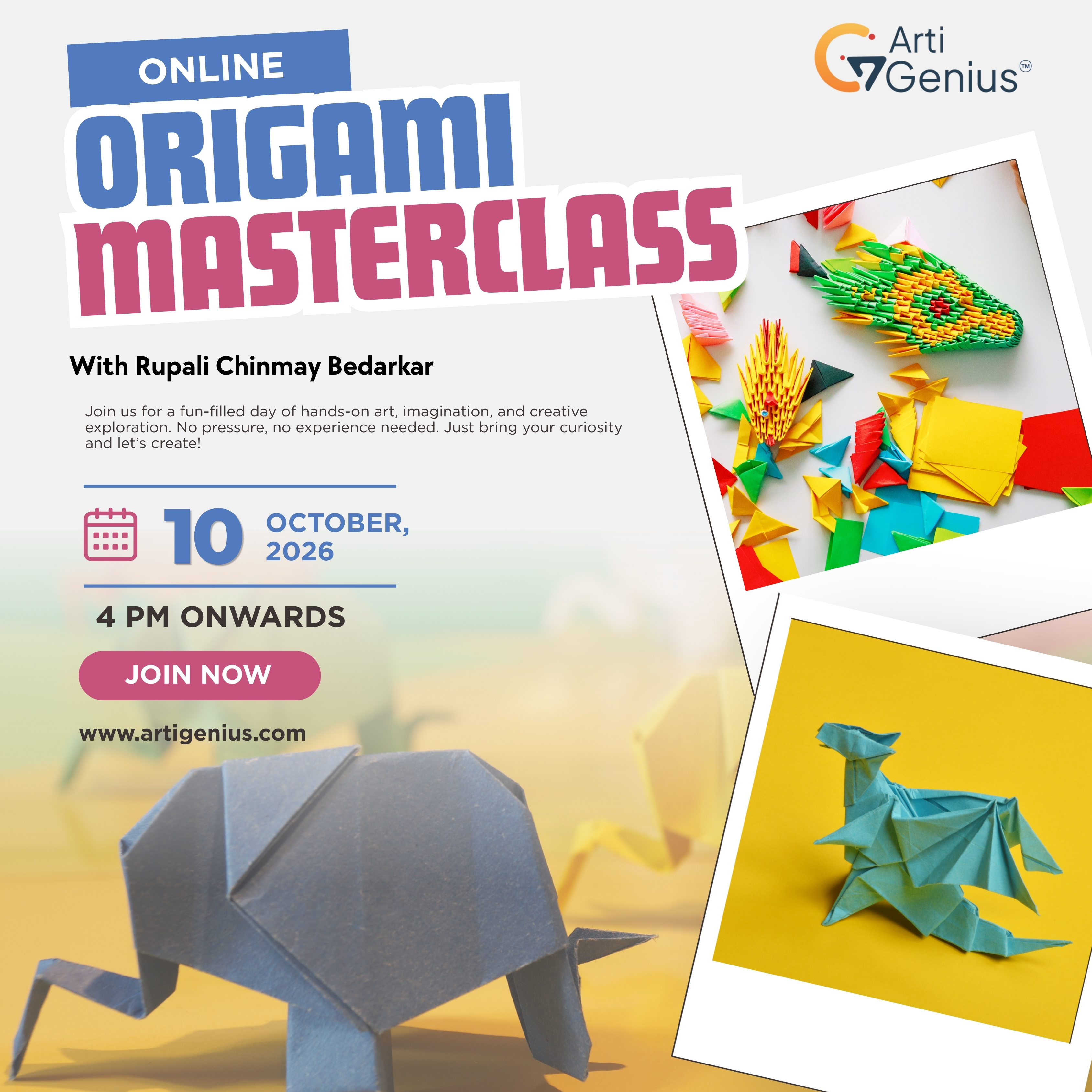 Online Origami Masterclass with Rupali Chinmay Bedarkar on 10 October 2026 at 4 PM, featuring colourful origami paper art and creative folded-paper models.