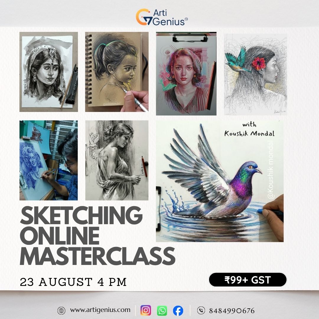 Online Sketching Masterclass with Koushik Mondal by ArtiGenius. Learn the basics of sketching, drawing techniques, shading, proportions, and artistic observation through a live introductory session