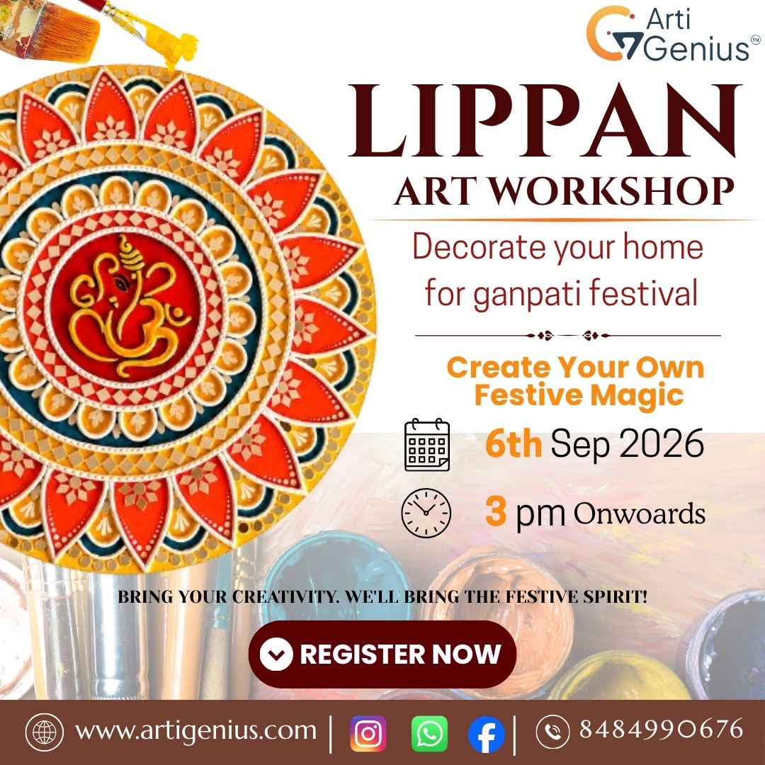 ArtiGenius Lippan Art Workshop banner featuring a colourful traditional Lippan artwork with a Ganpati motif, promoting a festive art workshop on 6 September 2026 at 3 PM onwards.