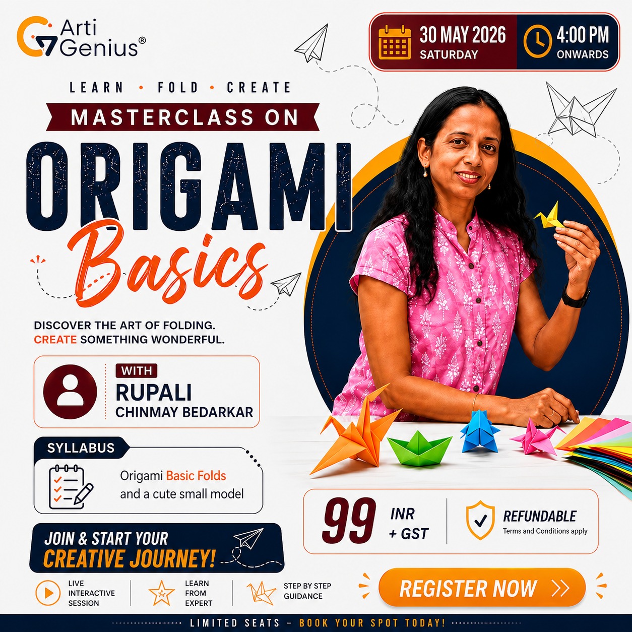Origami Basics Masterclass with Rupali Chinmay Bedarkar — ArtiGenius online paper craft masterclass poster