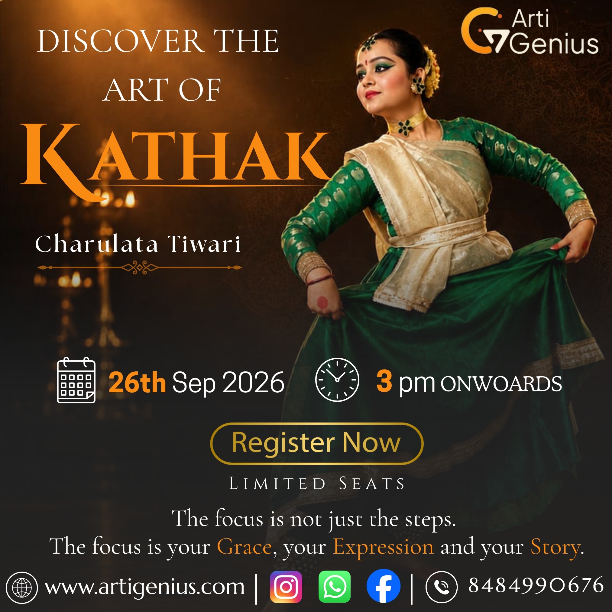 ArtiGenius Kathak masterclass featuring Kathak dancer Charulata Tiwari in traditional costume, promoting an online dance learning session on 26 September 2026 at 3 PM onwards.