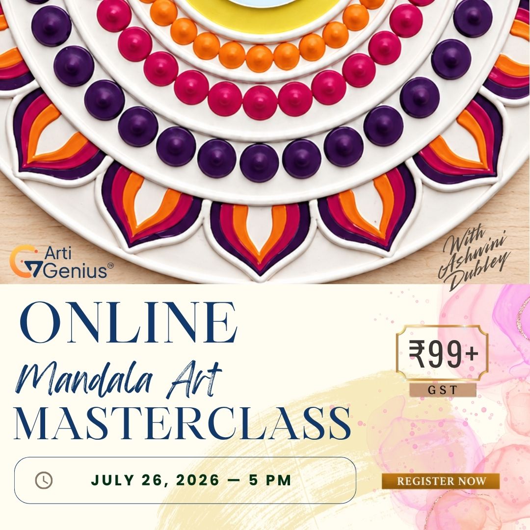 Online Mandala Art Masterclass with Ashwini Dumley by ArtiGenius. Learn mandala drawing, pattern creation, symmetry, coloring techniques, and creative design. Live session on 26 July 2026 at 5 PM. Register now for ₹99 + GST.