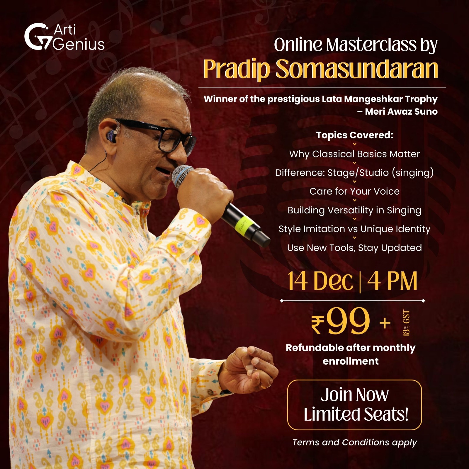 Online singing masterclass with Pradip Somasundaran, Lata Mangeshkar Trophy winner — ArtiGenius vocal music masterclass poster