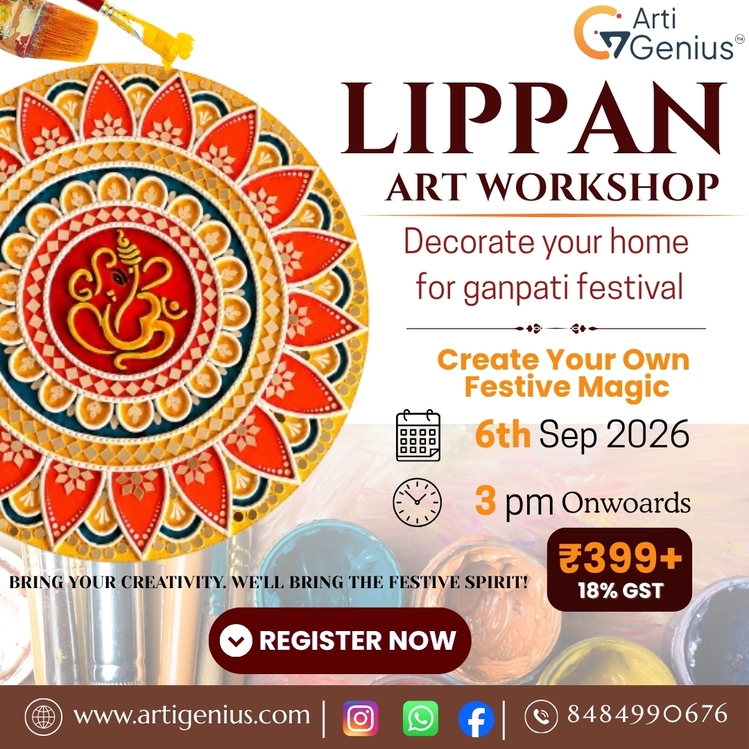 ArtiGenius Lippan Art Workshop banner featuring a colourful traditional Lippan artwork with a Ganpati motif, promoting a festive art workshop on 6 September 2026 at 3 PM onwards.