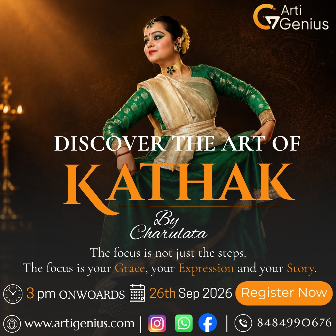 ArtiGenius Kathak masterclass featuring Kathak dancer Charulata Tiwari in traditional costume, promoting an online dance learning session on 26 September 2026 at 3 PM onwards.