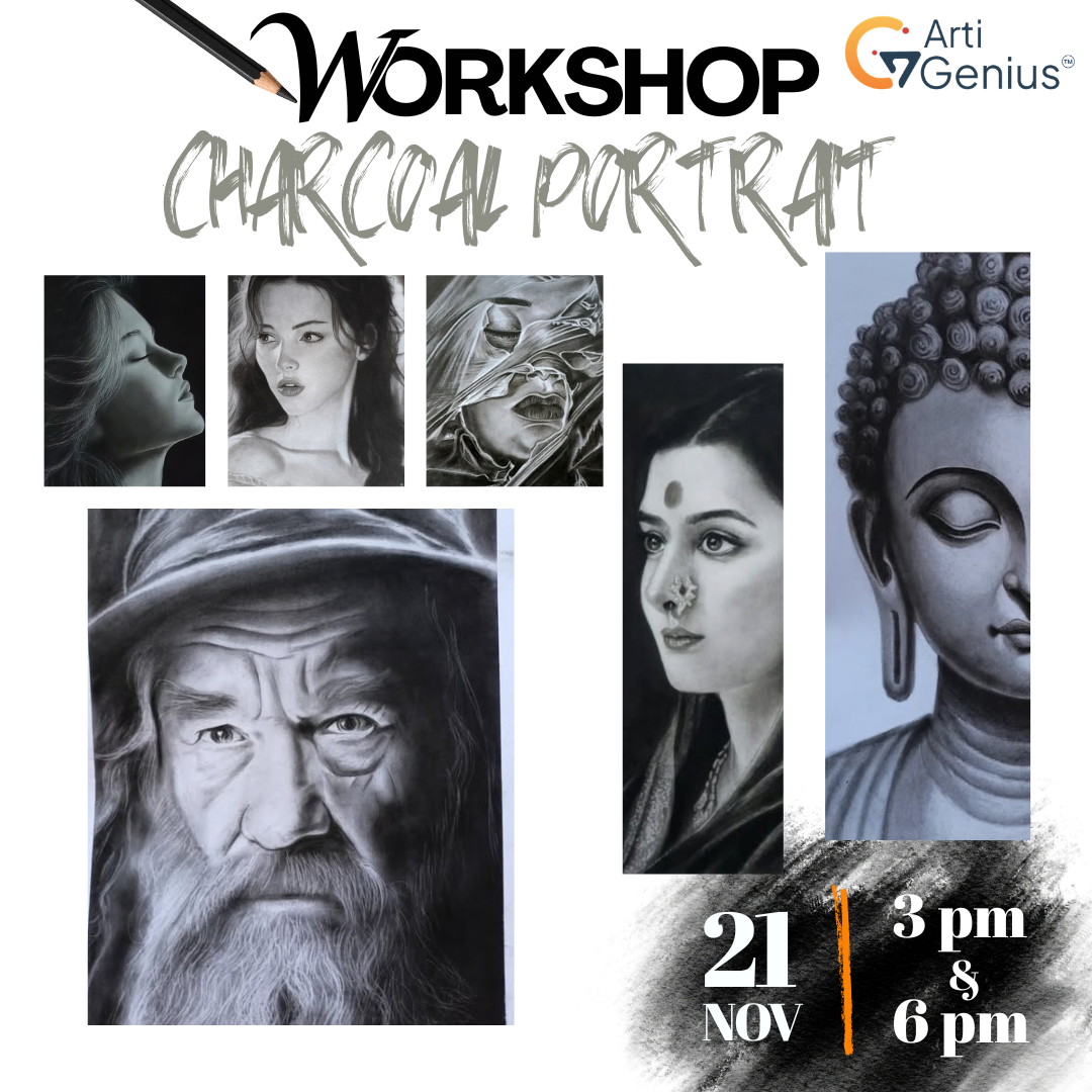 Artigenius Charcoal Portrait Workshop poster showcasing charcoal portraits of faces, including realistic human portraits and a Buddha drawing. The workshop is scheduled for 21 November 2026, from 3 PM to 6 PM.