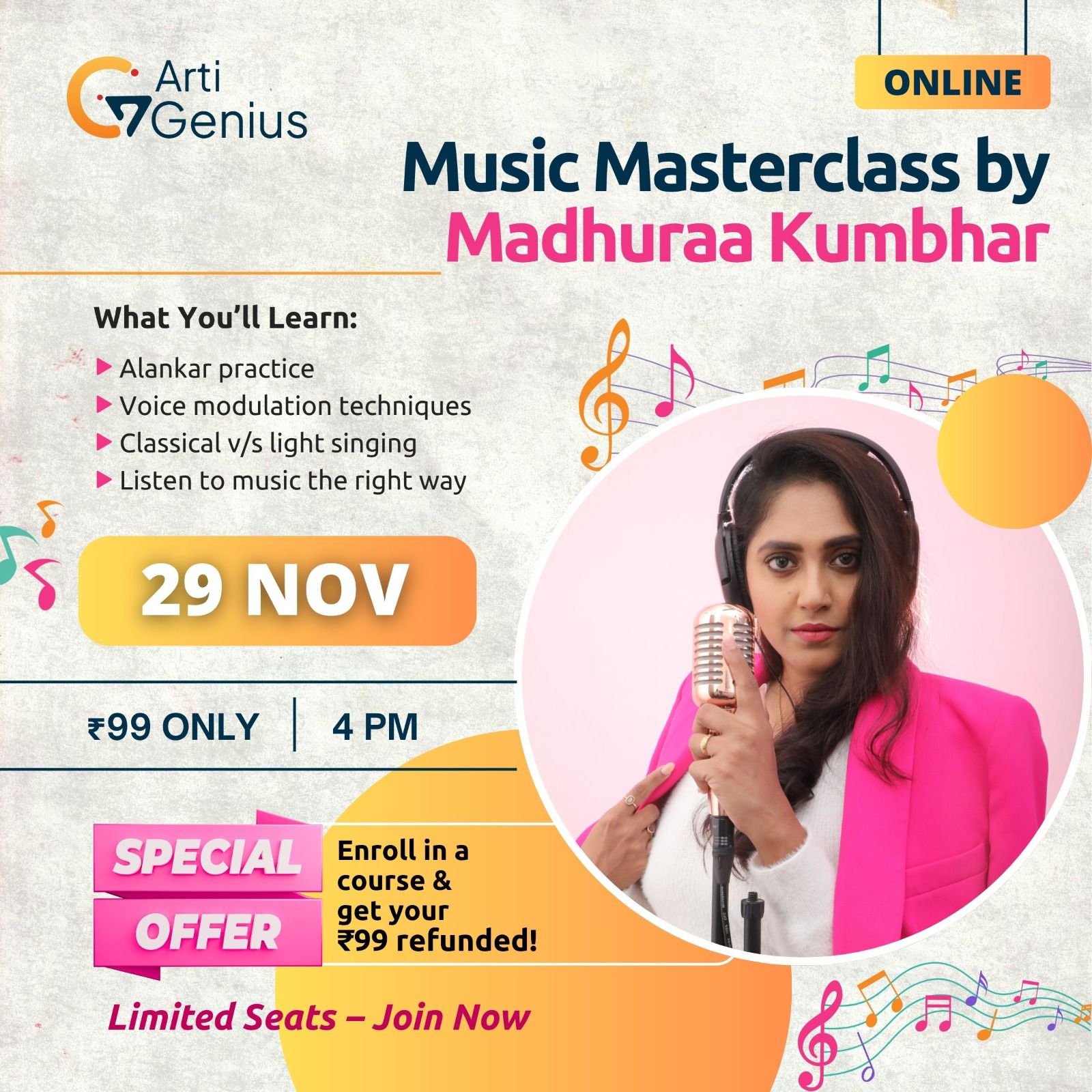 Online Music Masterclass with playback singer Madhuraa Kumbhar — ArtiGenius singing masterclass poster