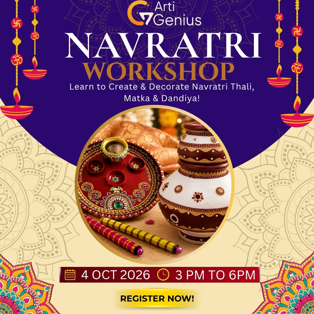 Navratri craft workshop featuring creative decoration of a Navratri thali, matka, and dandiya sticks.
