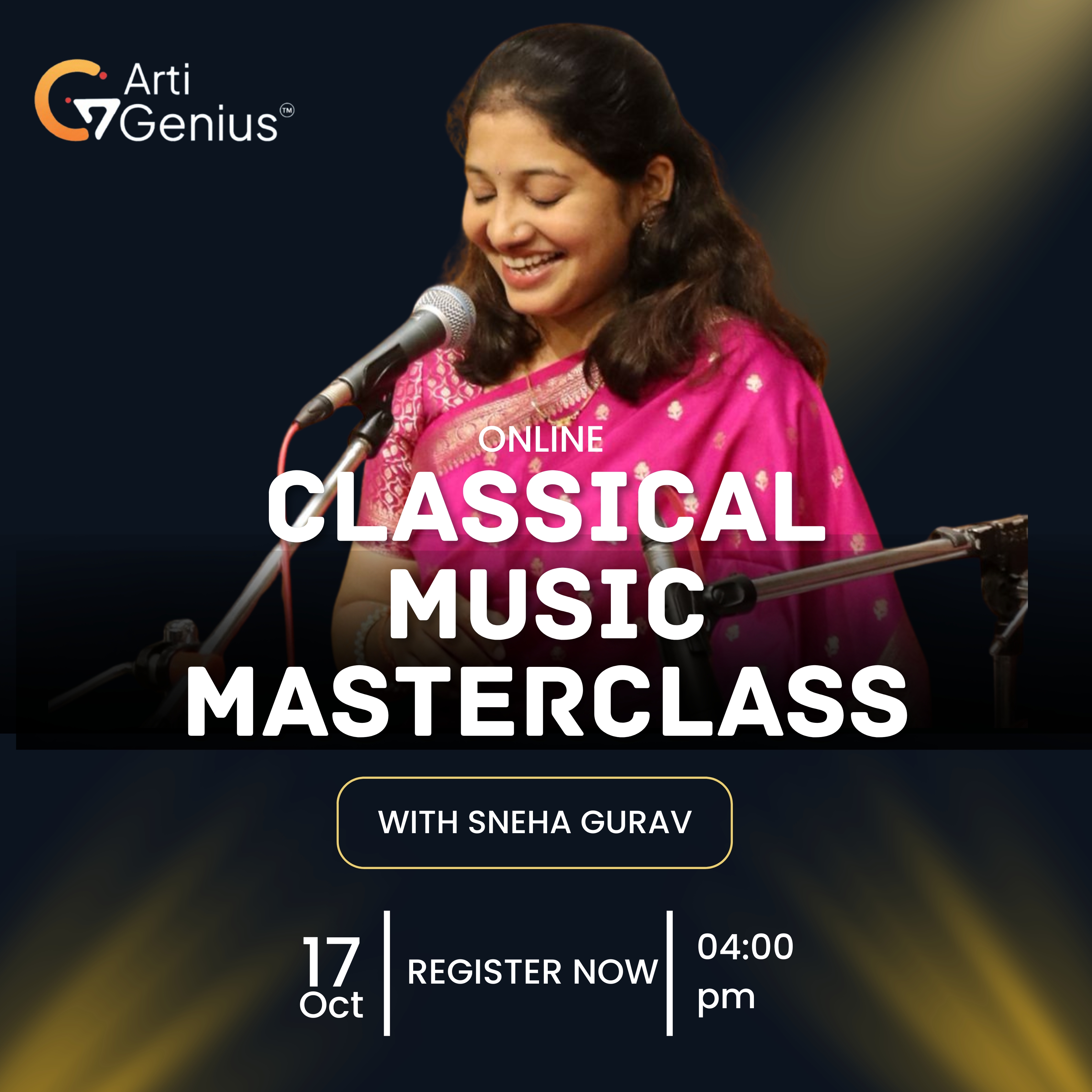 Online Bharatanatyam Masterclass with Ojaswee Pol on 18 October 2026 from 4 PM to 5 PM, featuring traditional Bharatanatyam movements, mudras, rhythm, expressions and classical dance techniques.