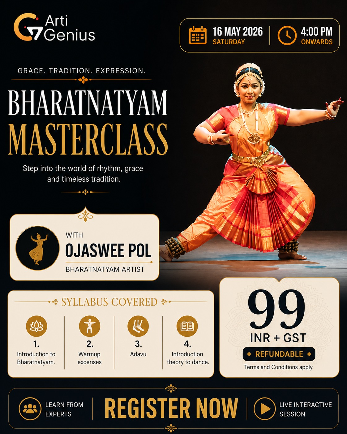 Bharatnatyam Masterclass with Ojaswee Pol — ArtiGenius online Indian classical dance masterclass poster