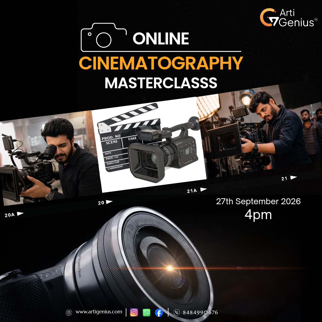 ArtiGenius online cinematography masterclass featuring professional cinema cameras, a cinematographer at work and a cinematic camera lens, taking place on 27 September 2026 at 4 PM.