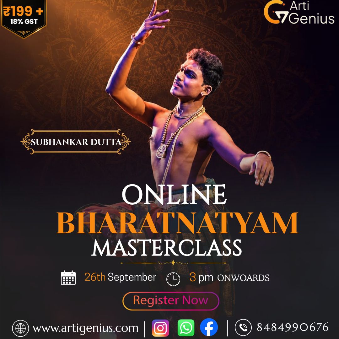 Online Bharatanatyam masterclass banner featuring Subhankar Dutta, a Bharatanatyam performer and teacher, with the event scheduled for 26th September at 3 PM onwards.