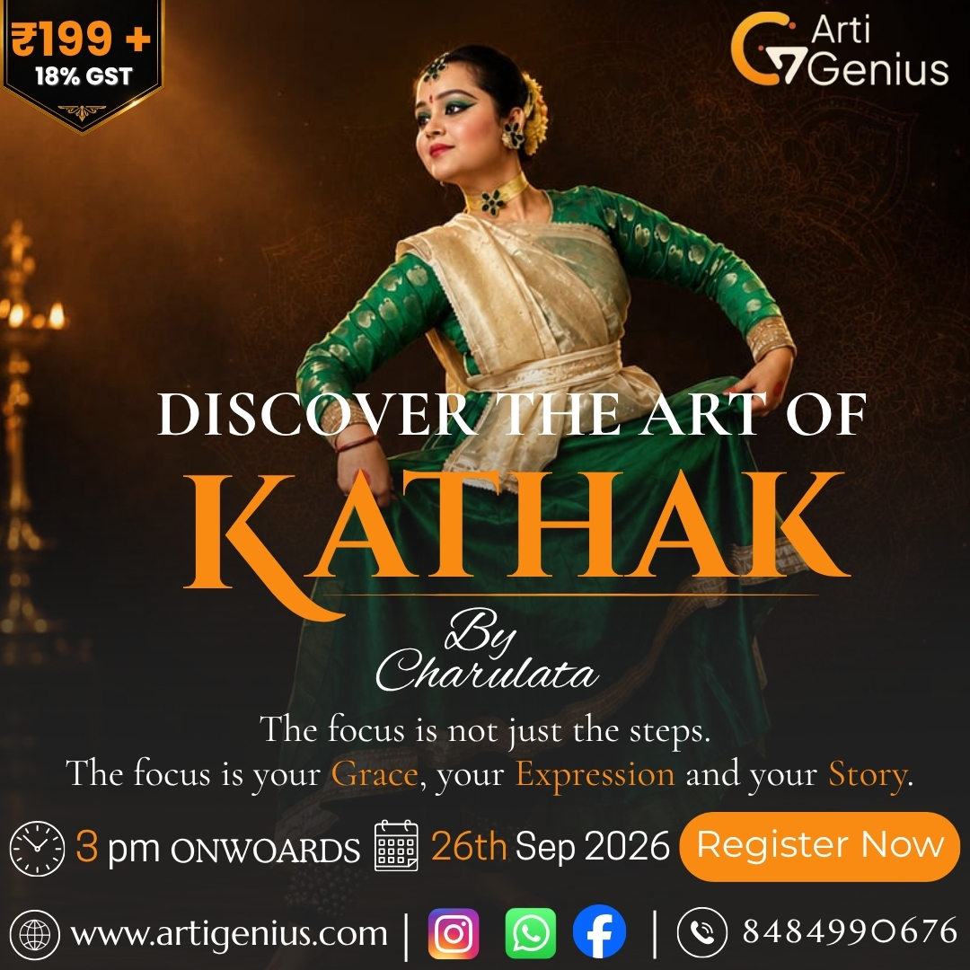 ArtiGenius Kathak masterclass featuring Kathak dancer Charulata Tiwari in traditional costume, promoting an online dance learning session on 26 September 2026 at 3 PM onwards.