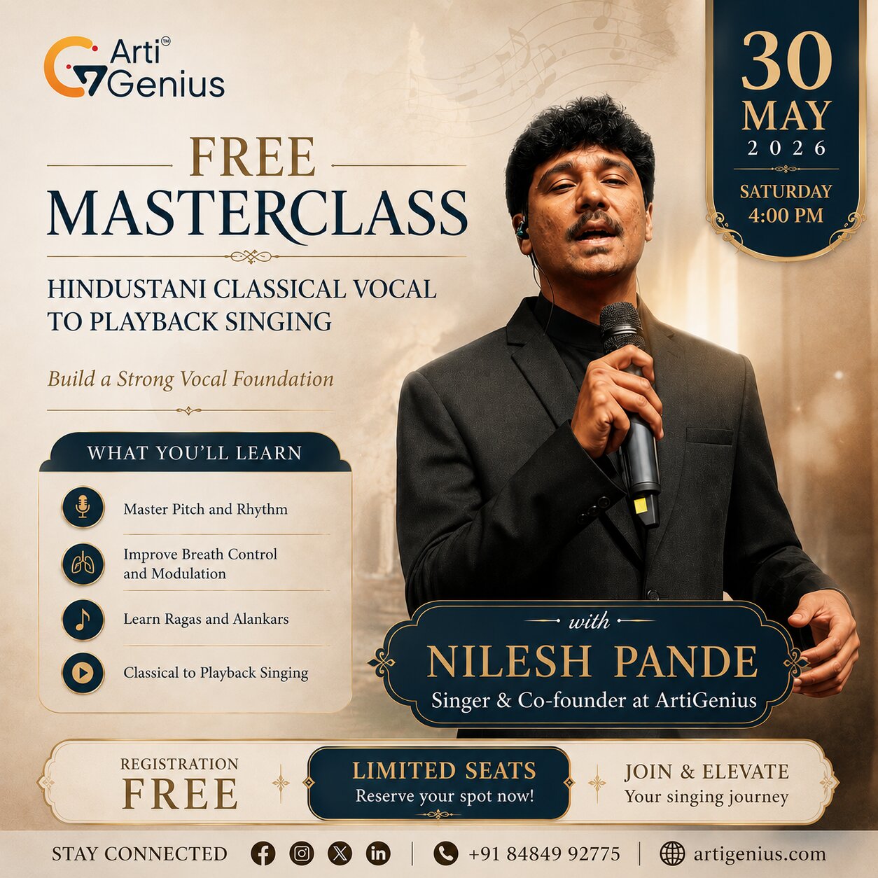 Free Hindustani Classical Vocal to Playback Singing Masterclass with Nilesh Pande — ArtiGenius vocal masterclass poster